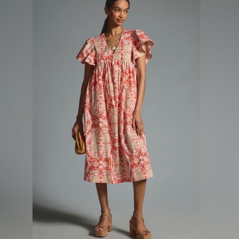 MAEVE Anthropologie Orange Printed Flutter Sleeve Babydoll Midi Dress Size S
